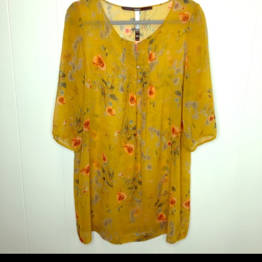 Kensie Sheer Floral Mustard Dress